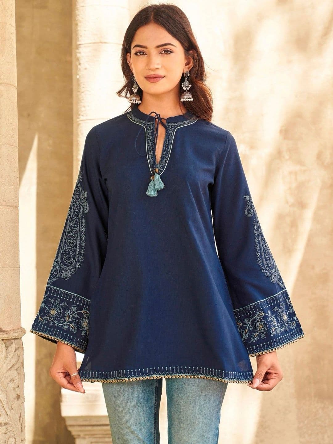 Anouk Ethnic Motifs Embroidered Flared Sleeves Thread Work Chanderi Silk Thread Work Kurti - view 1