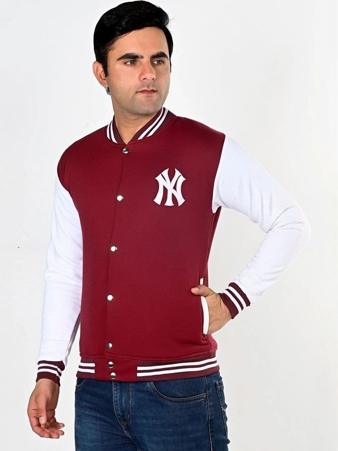 SQS Men Brand Logo Colourblocked Woollen Varsity Jacket - view 1