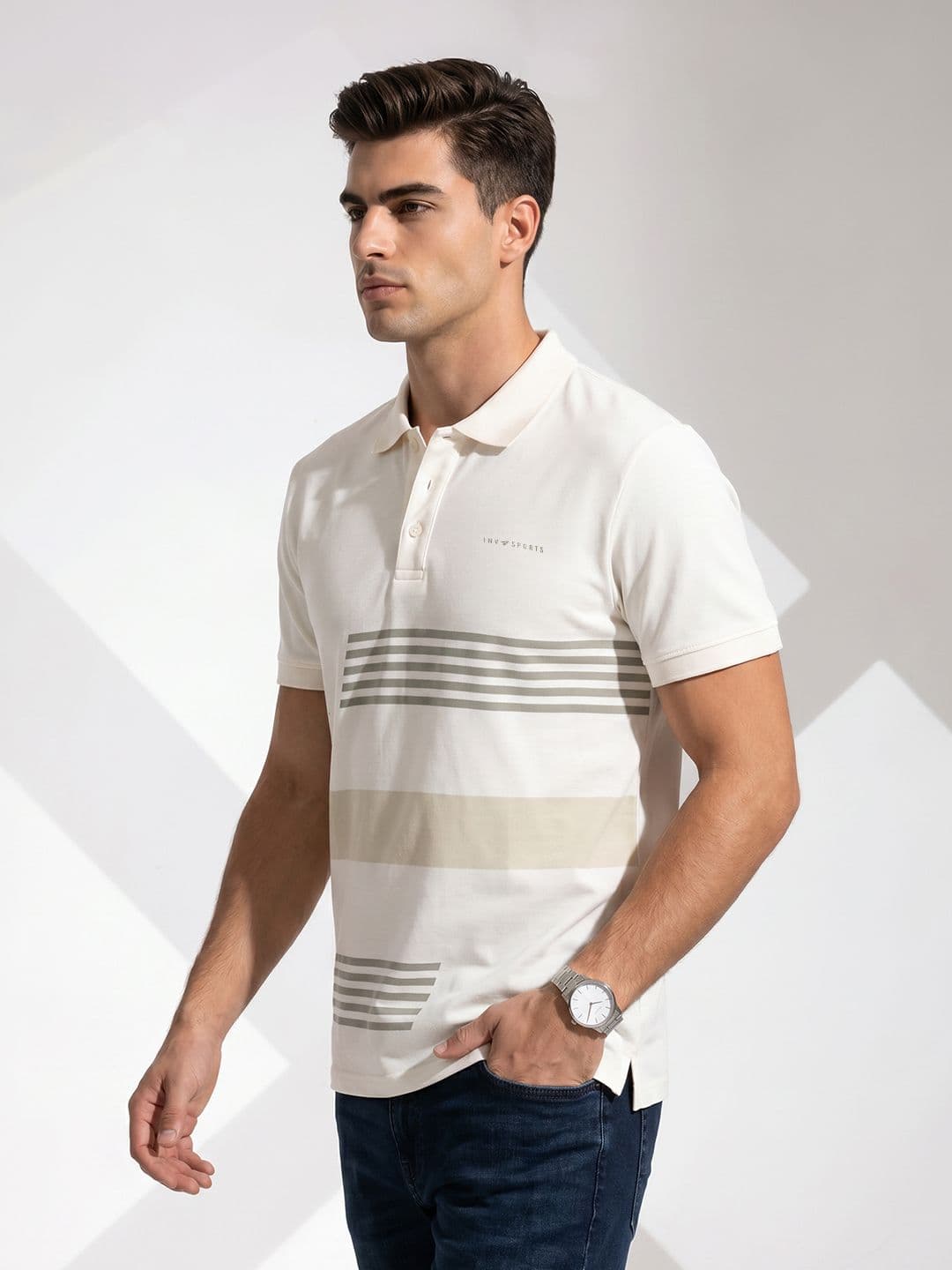 INVICTUS Striped Polo Collar Pure Cotton T-shirt - view 1