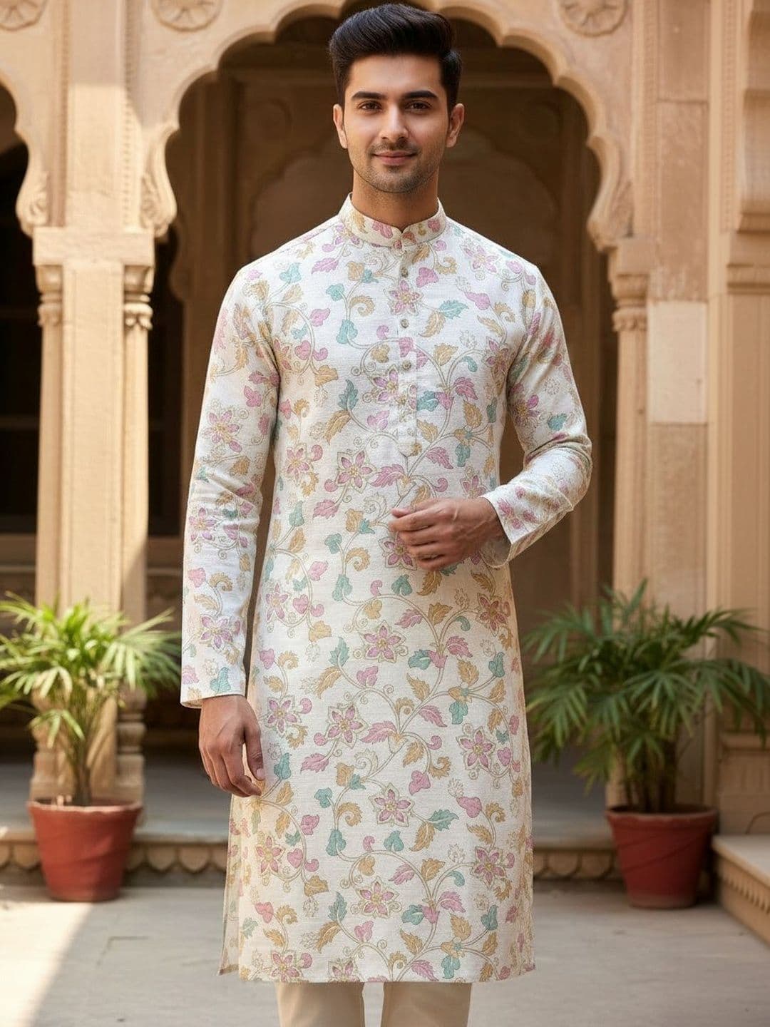 Anouk Men Floral Printed Pastels Kurta - view 1