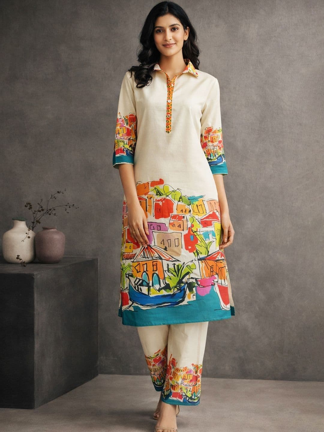 Anouk Cream Women Printed Cotton Blend Kurta with Trousers Co-ord Set - view 1