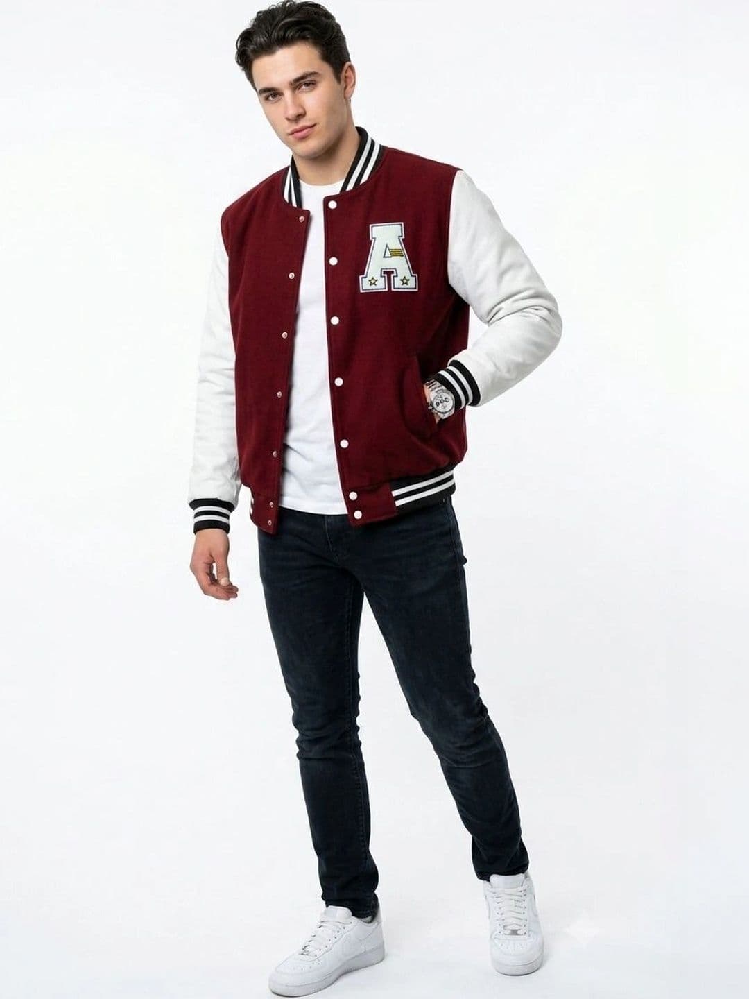 oiin Men Brand Logo Colourblocked Fleece Blend Varsity Jacket - view 1