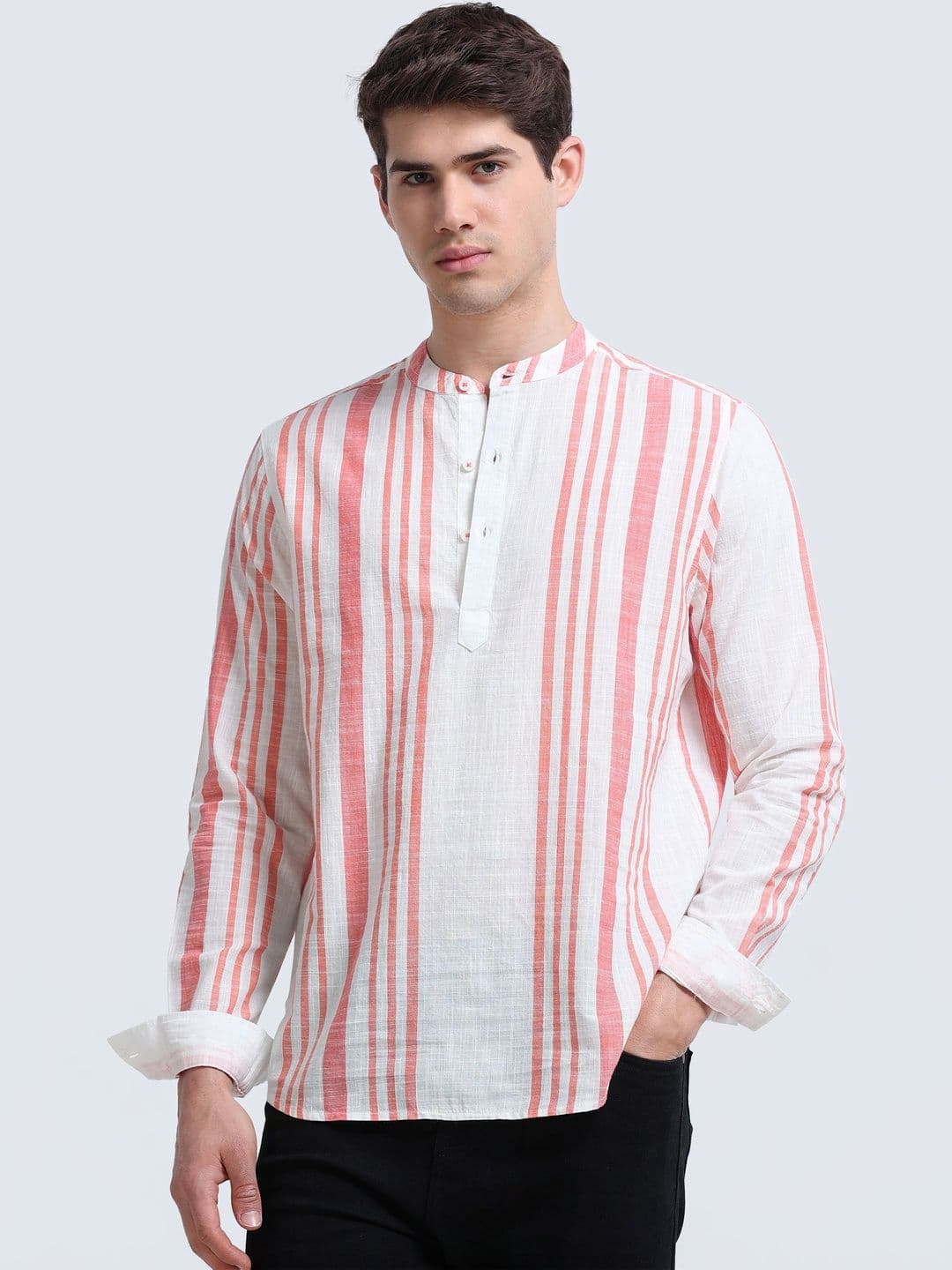 StitchX Men's Band Collar Pure Cotton Striped Kurta Shirt - view 1