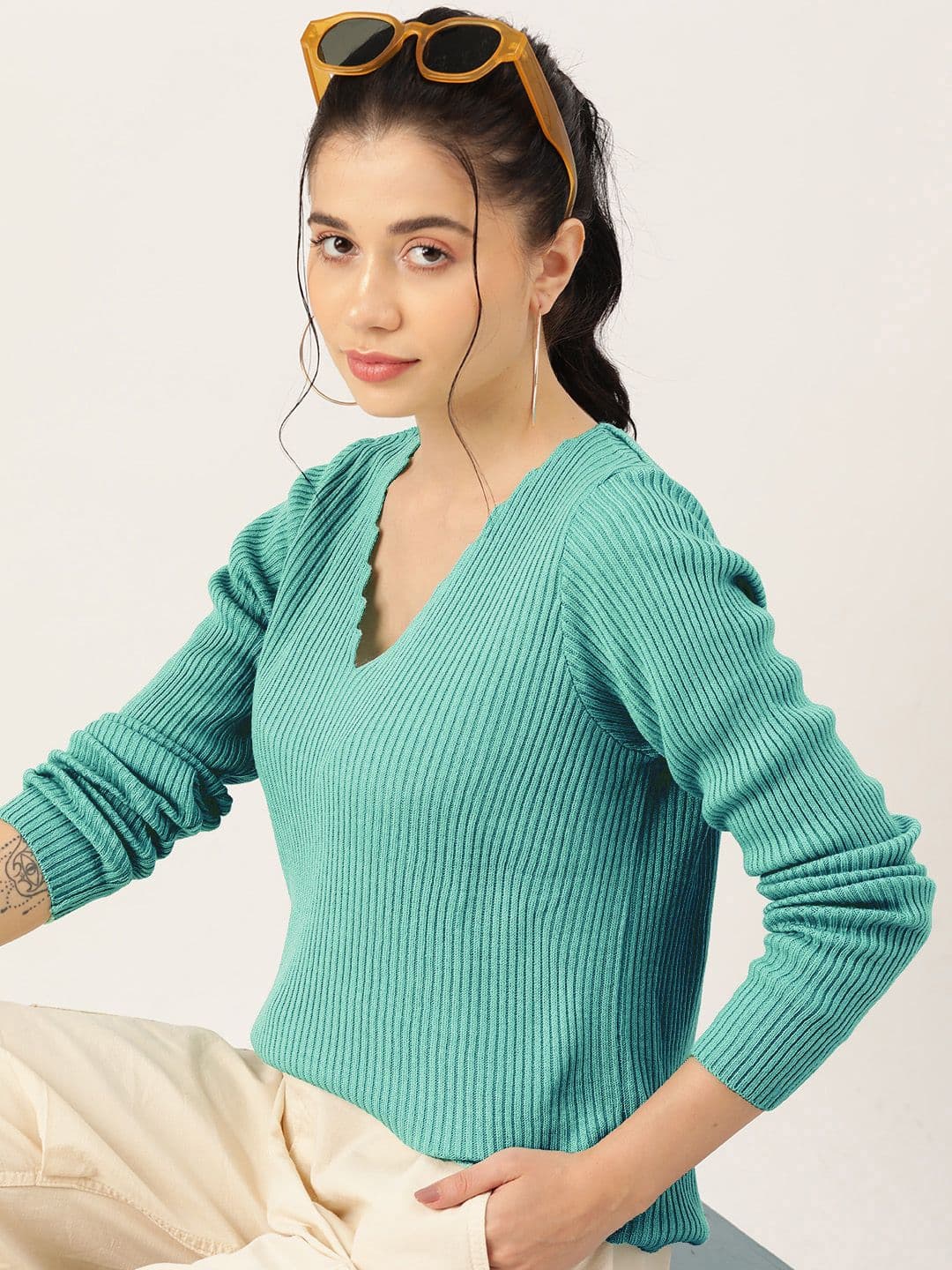 DressBerry Women V-Neck Ribbed Pullover - view 1