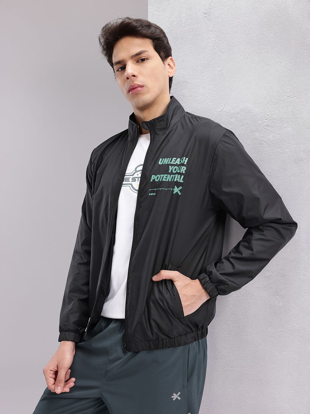 HRX by Hrithik Roshan Typography Printed Mock Collar Bomber Jacket - view 1