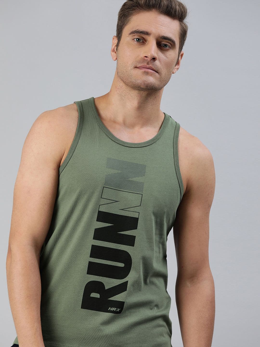 HRX by Hrithik Roshan Men Olive Green Solid Pure Cotton Bio-Wash Running Tank Top - view 1