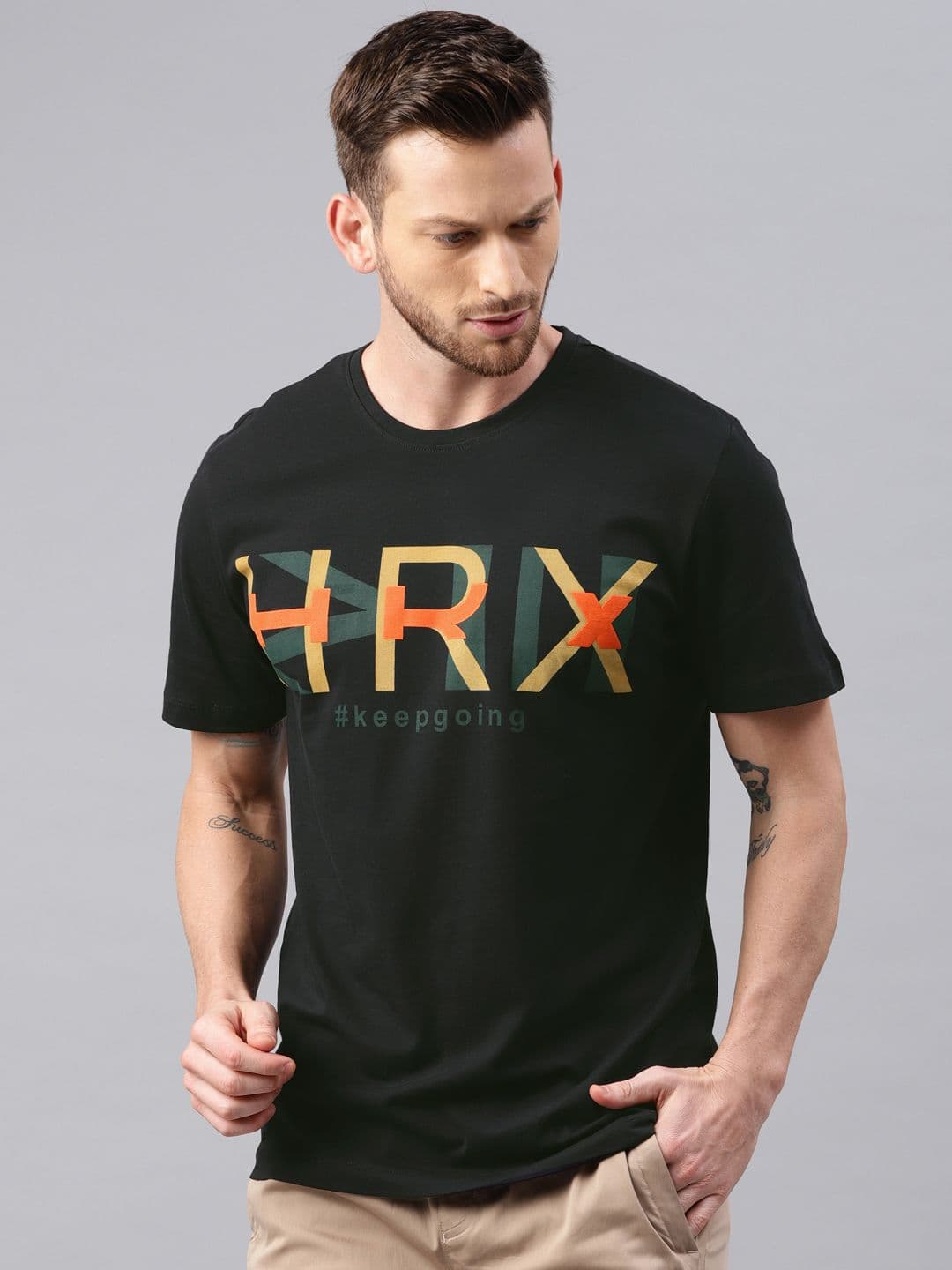 HRX by Hrithik Roshan Men Black Printed Round Neck Lifestyle Pure Cotton T-shirts - view 1