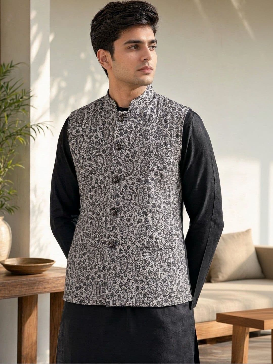 VASTRA BY LARA Printed Mandarin Collar Nehru Jackets - view 1