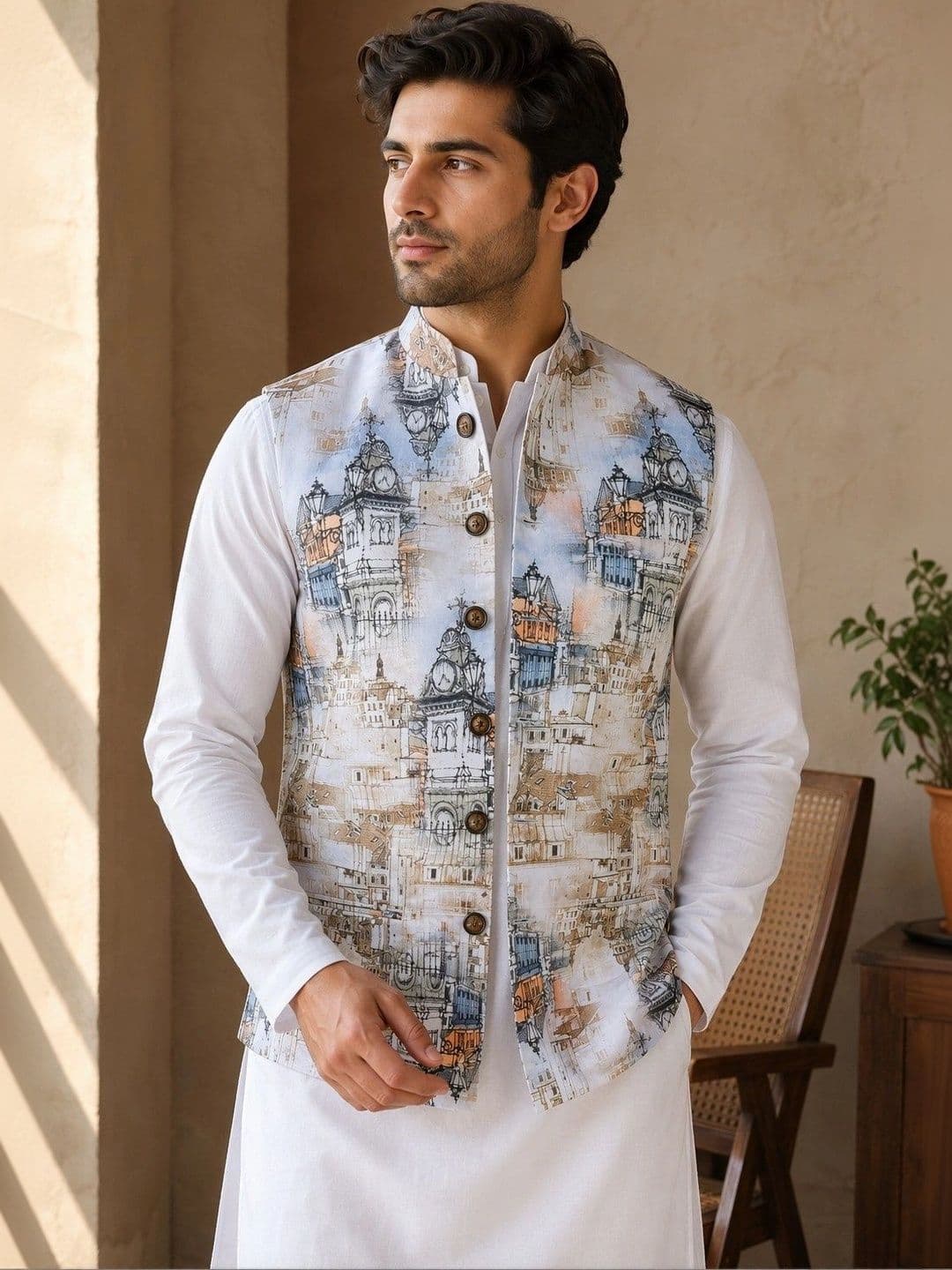 VASTRA BY LARA Printed Mandarin Collar Nehru Jackets - view 1