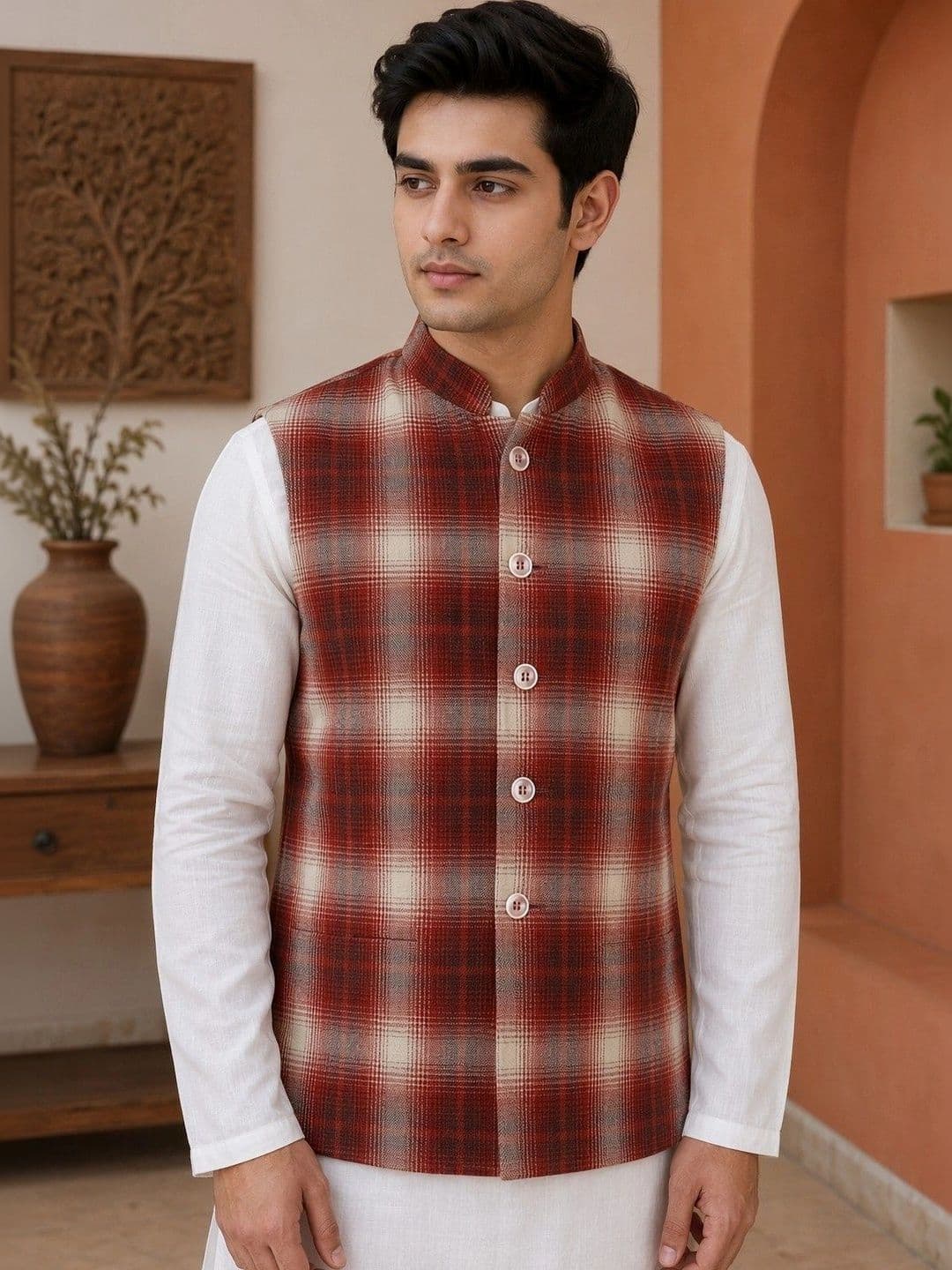 VASTRA BY LARA Checked Mandarin Collar Nehru Jackets - view 1