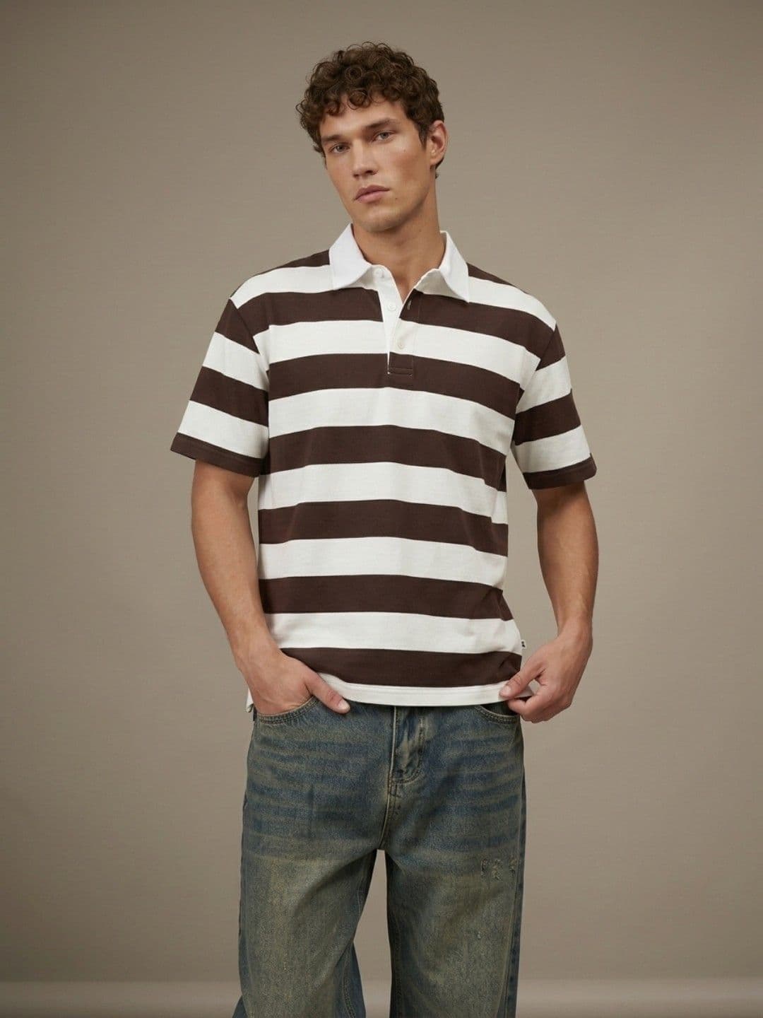 glitchez Striped Polo Collar Drop-Shoulder Sleeves T-shirt - view 1
