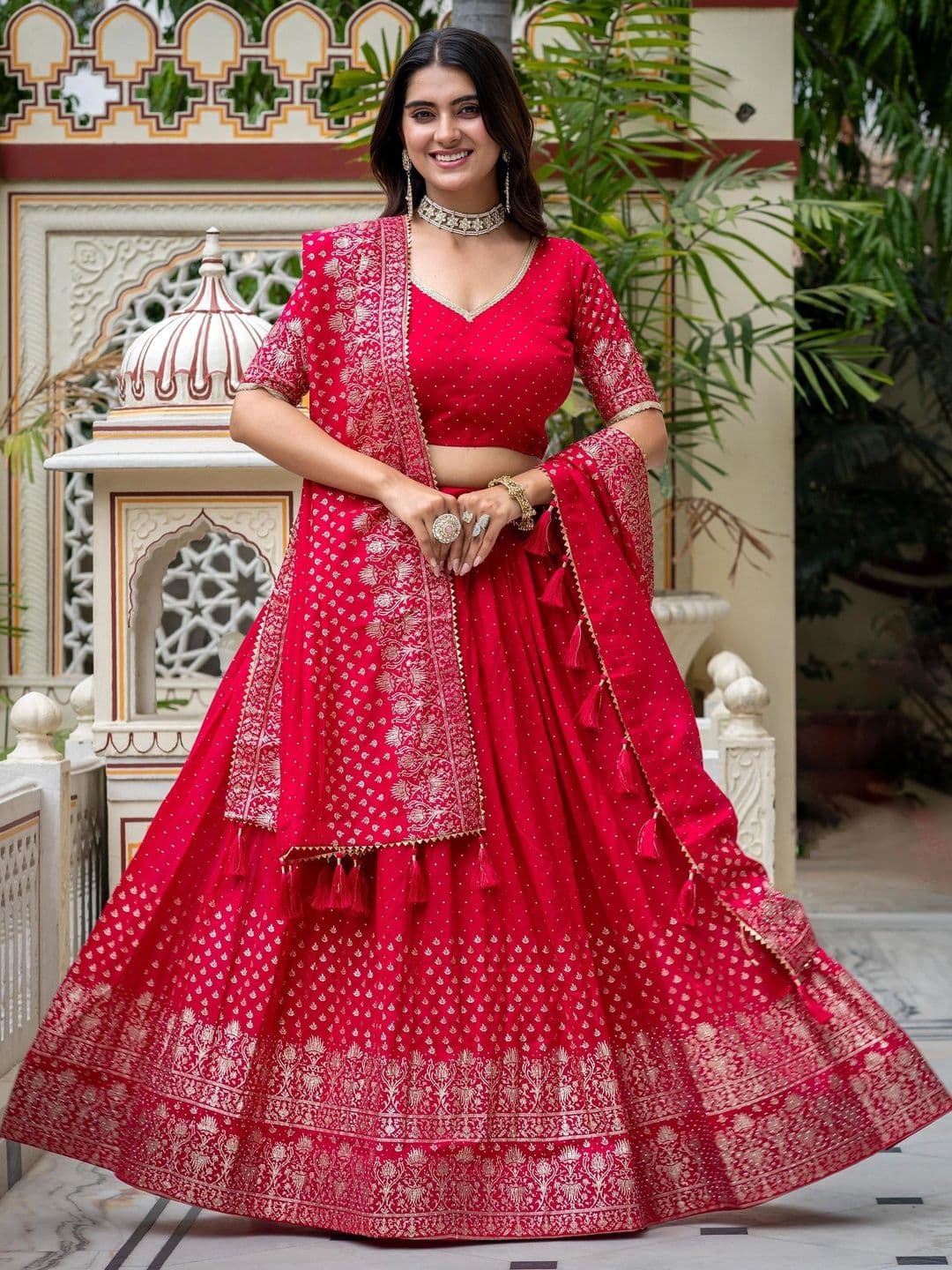 GULDORI Printed Beads and Stones Tie Dye Semi-Stitched Lehenga & Unstitched Blouse With Dupatta - view 1