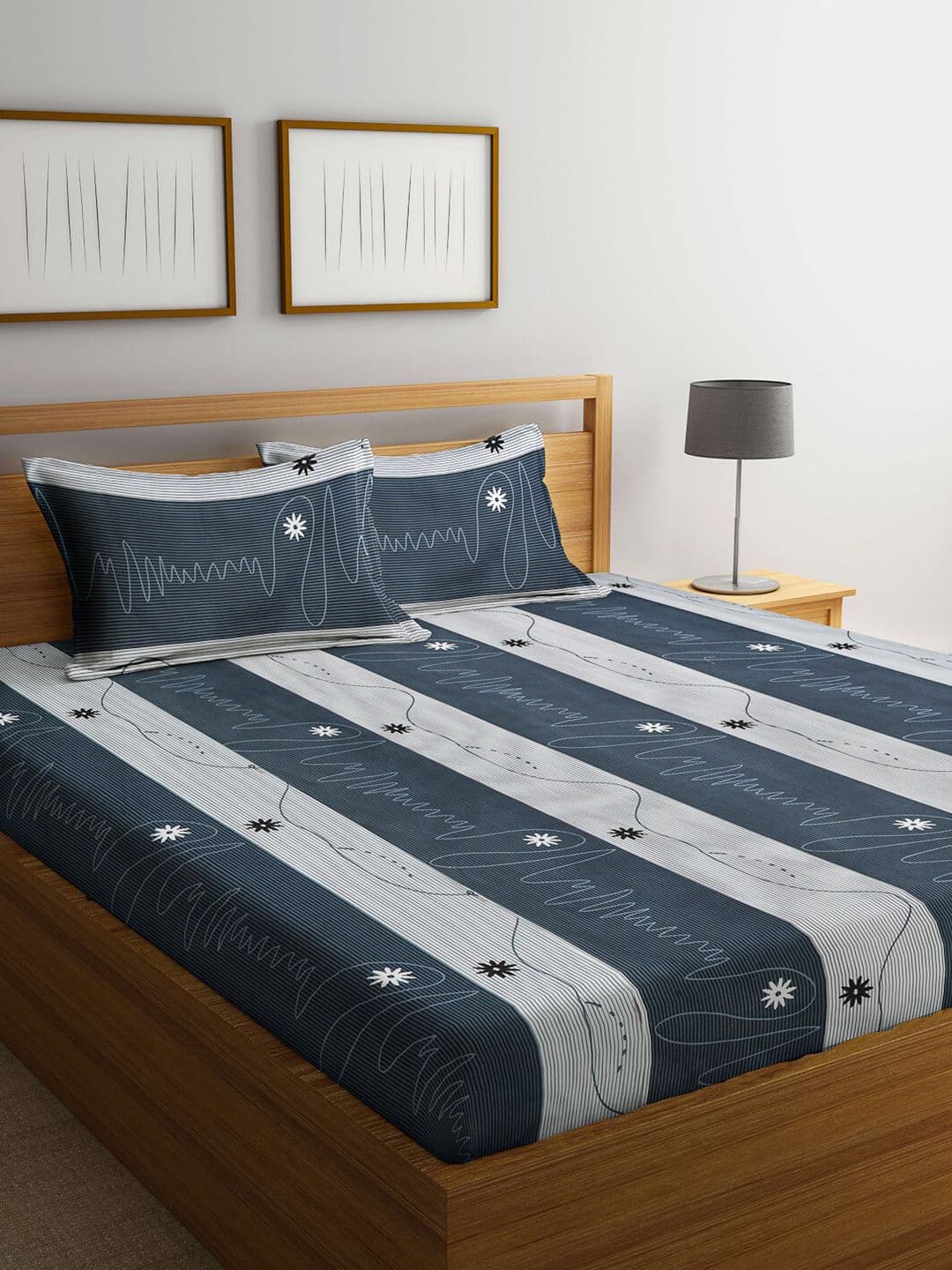KLOTTHE Blue Striped Cotton 300 TC King Fine Bedsheet with 2 Pillow Covers-250 x 225 cm - view 1