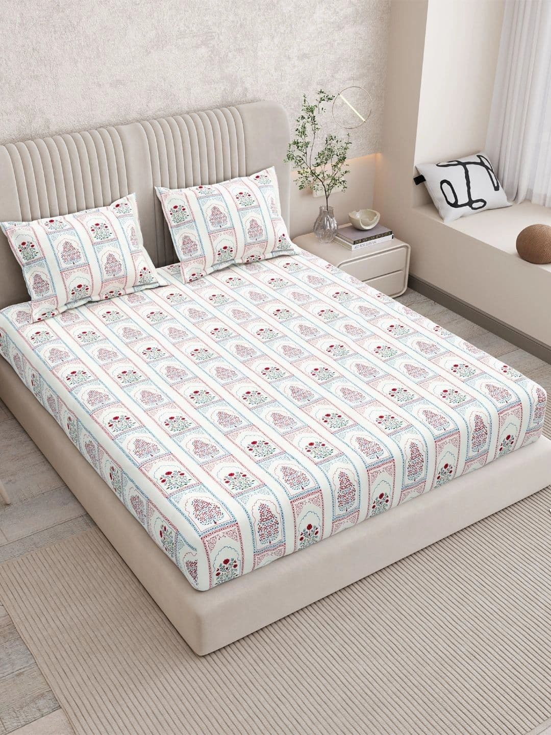 Sangria Maroon & White Floral 160 TC Bedsheet with 2 Pillow Covers - view 1