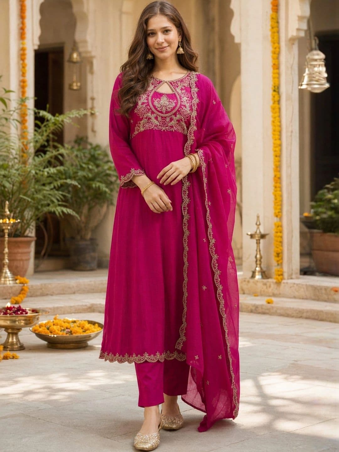 Sangria Women Ethnic Motifs Embroidered Regular Kurta with Trousers & With Dupatta - view 1