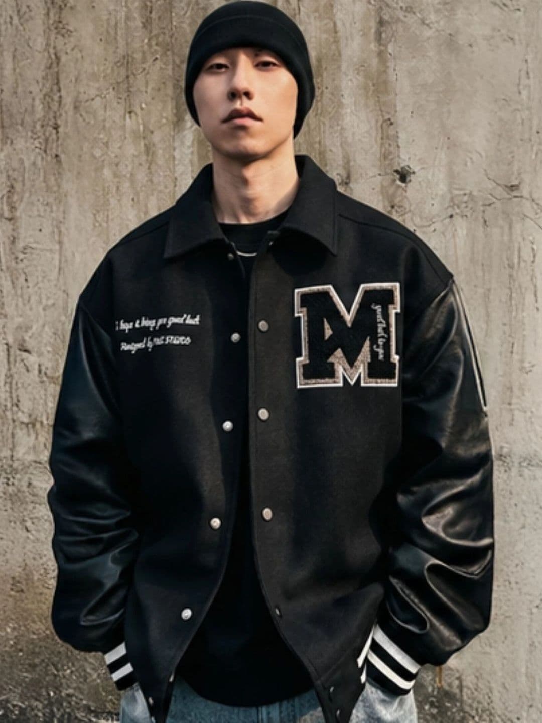 KPOP Men Brand Logo Colourblocked Varsity Jacket with Embroidered - view 1