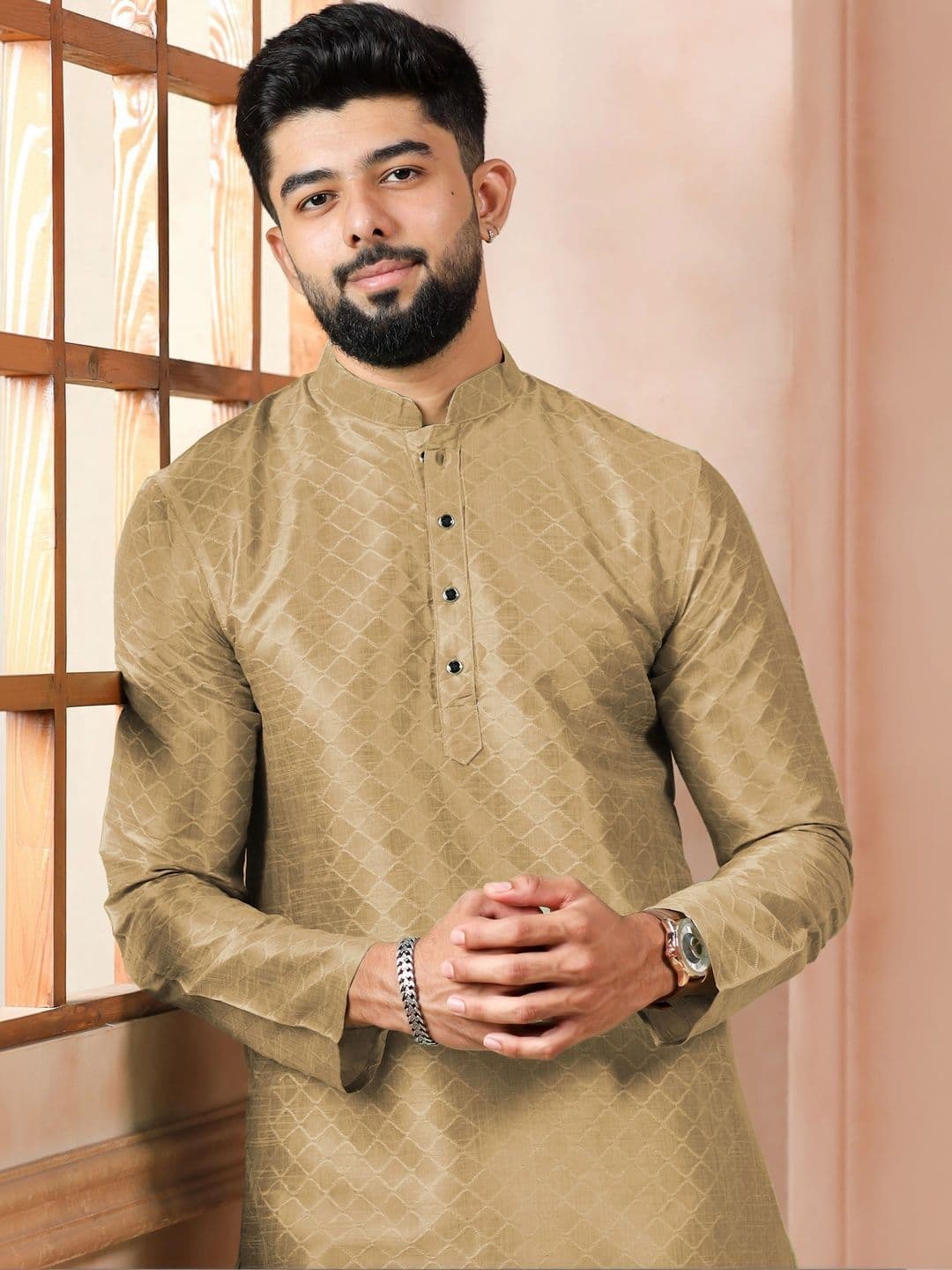 Koshin Ethnic Motifs Woven Design Mandarin Collar Long Sleeves Jacquard Kurta - view 1