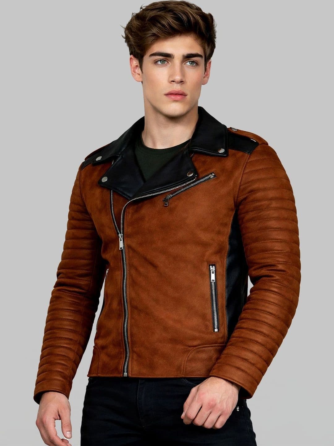 Leather Retail Men Lapel Collar Solid Casual Biker Jacket - view 1