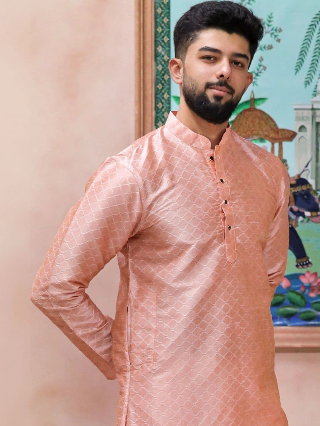 Koshin Geometric Woven Design Mandarin Collar Jacquard Silk Straight Kurta - view 1