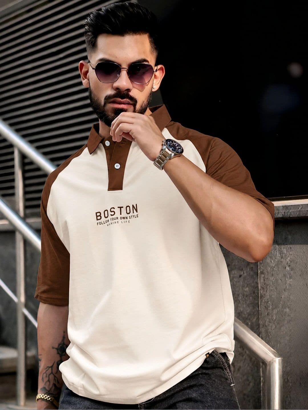 Maniac Men Typography Colourblocked Polo Collar T-shirt - view 1