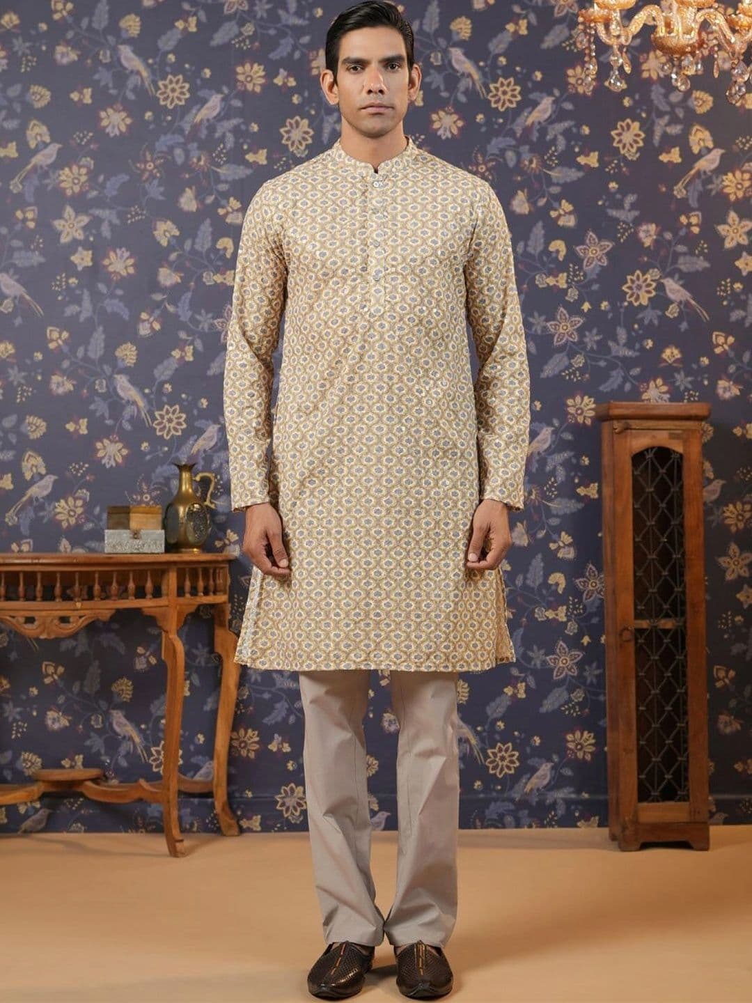 House of Pataudi Mens Pure Cotton Printed Mandarin Collar Straight Kurta - view 1