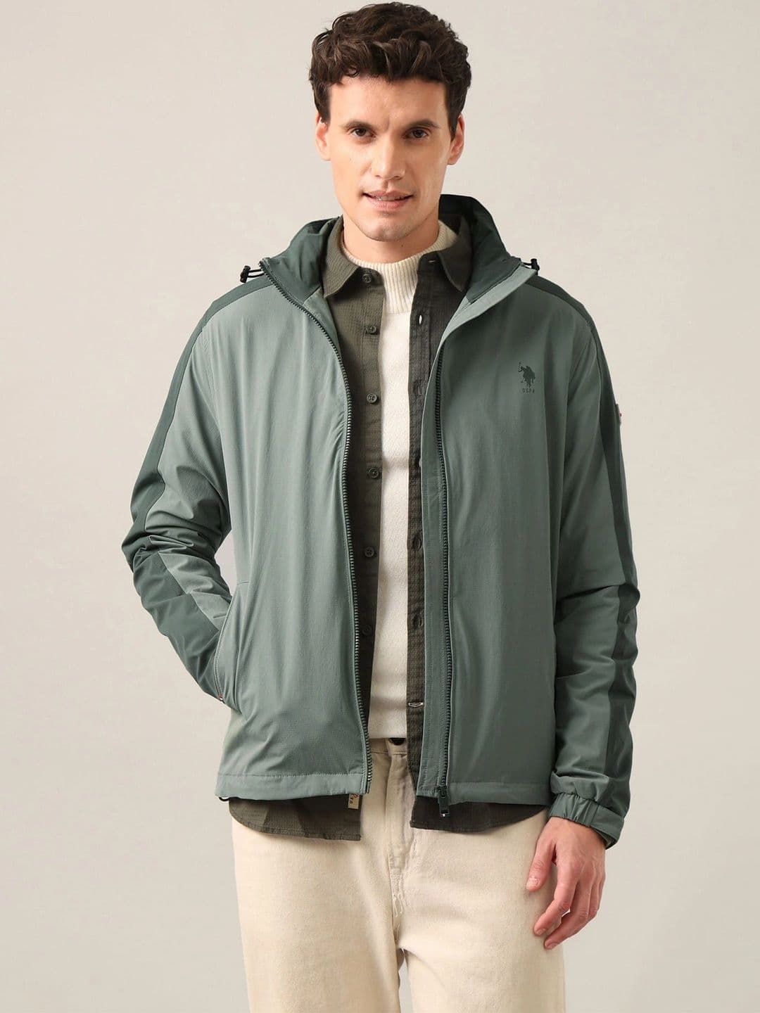U.S. Polo Assn. Men Hooded Colourblocked Casual Tailored Jacket - view 1