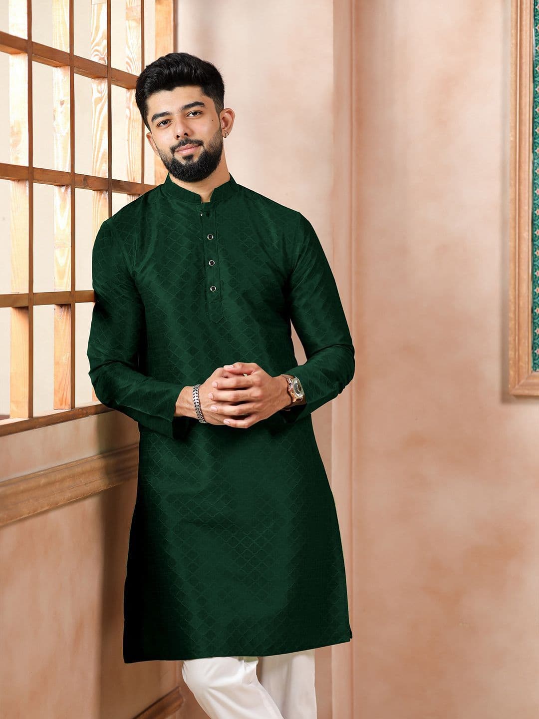 Koshin Geometric Embroidered Mandarin Collar Long Sleeves Thread Work Straight Kurta - view 1