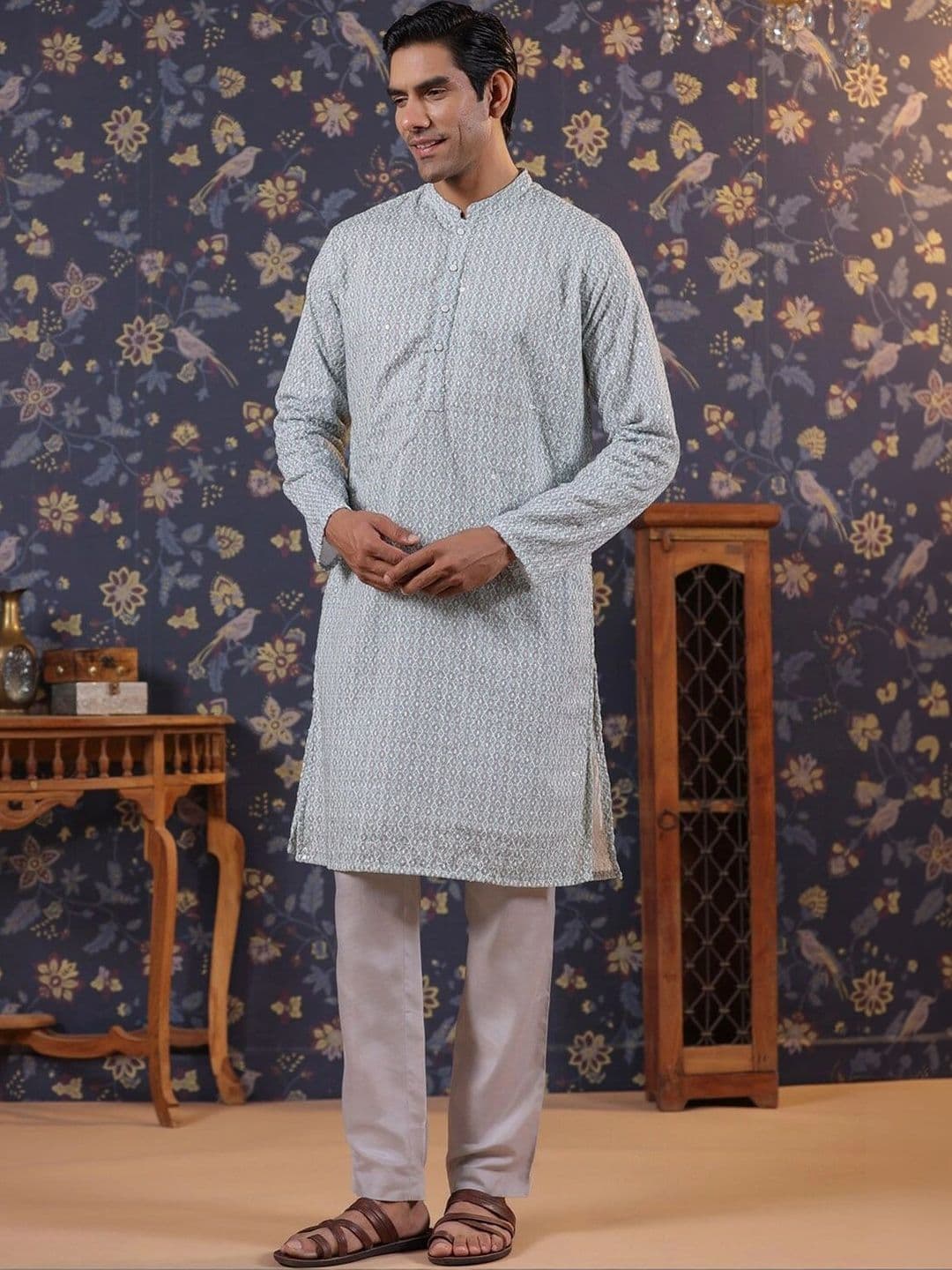 House of Pataudi Mens Pure Cotton Ethnic Motifs Printed Mandarin Collar Thread Work Straight Kurta - view 1