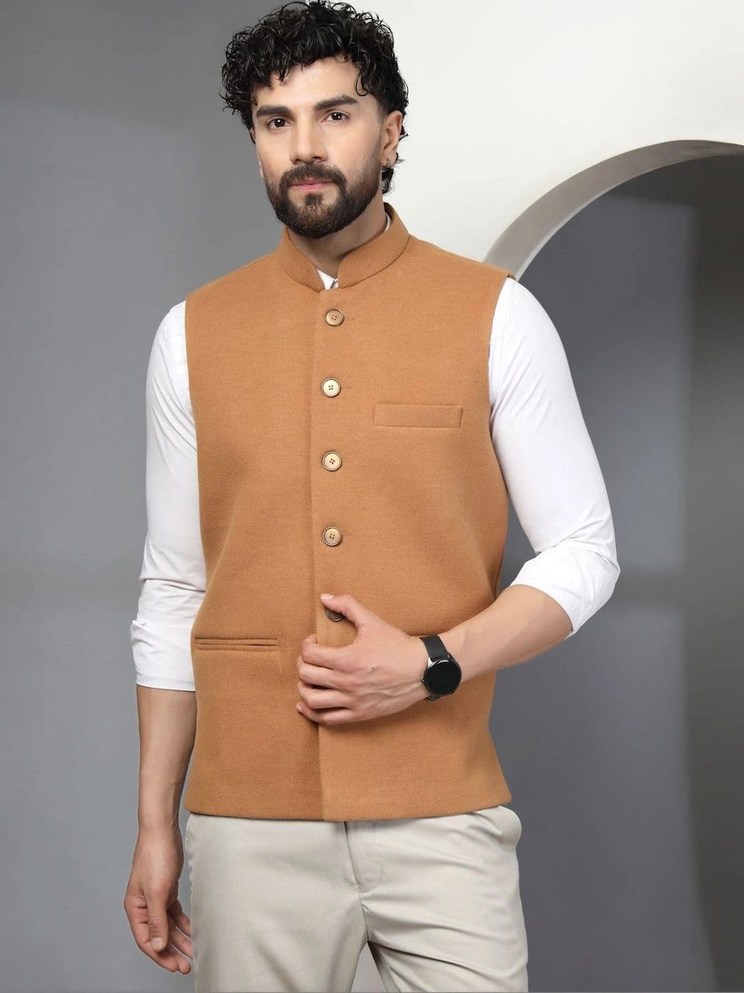 DEIFIC Mandarin Collar Woven Nehru Jackets - view 1