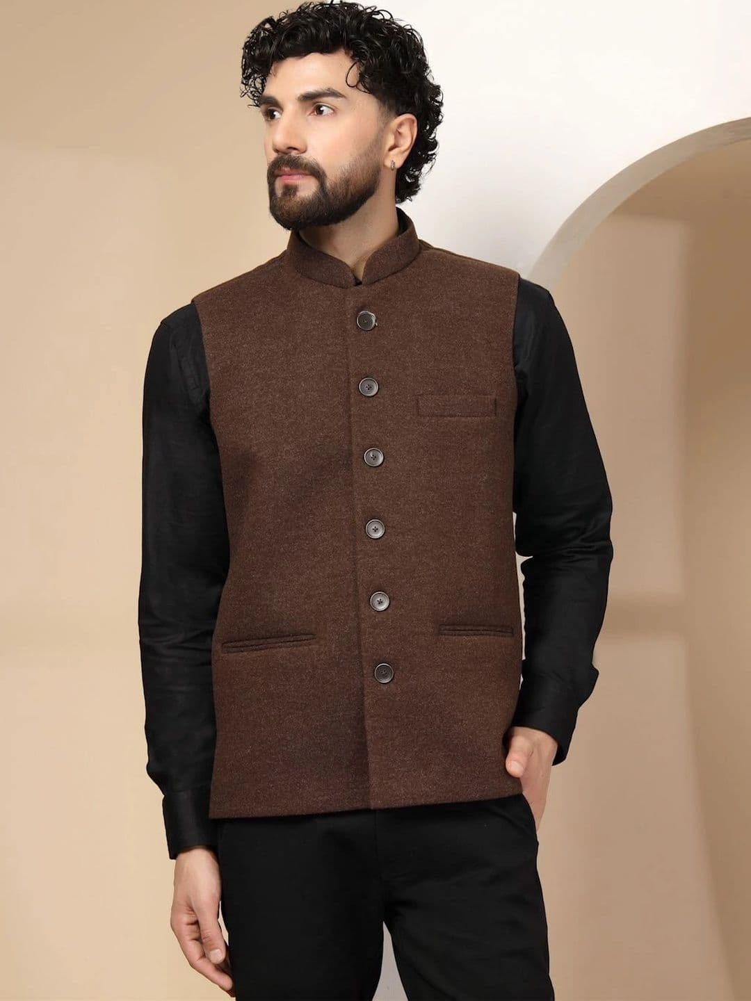 Vastraa Fusion Mandarin Collar Woven Nehru Jackets - view 1