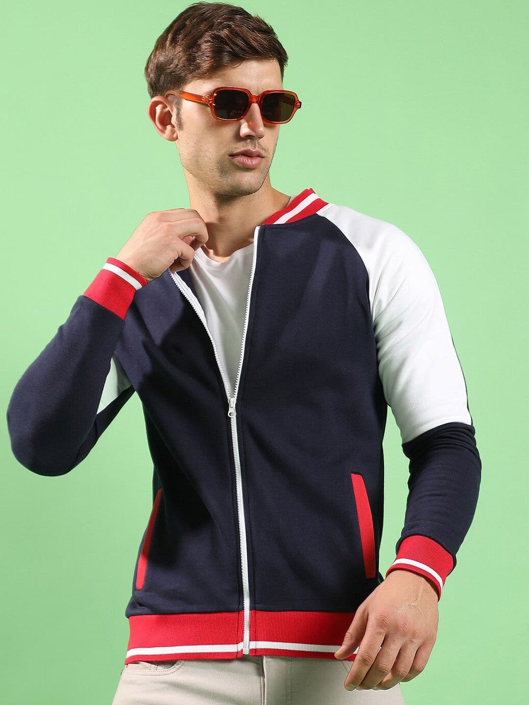 CAHOOT Campus Sutra Navy Blue Solid Mock Collar Cotton Bomber Jacket - view 1