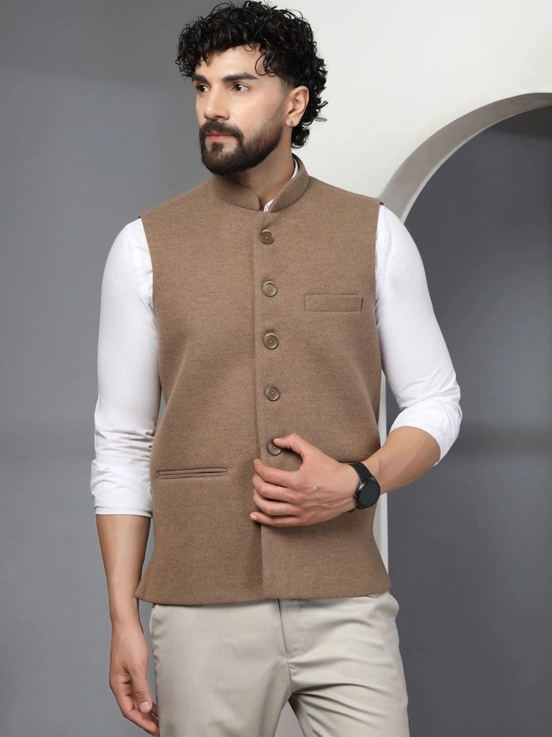 Vastraa Fusion Mandarin Collar Woven Nehru Jackets - view 1