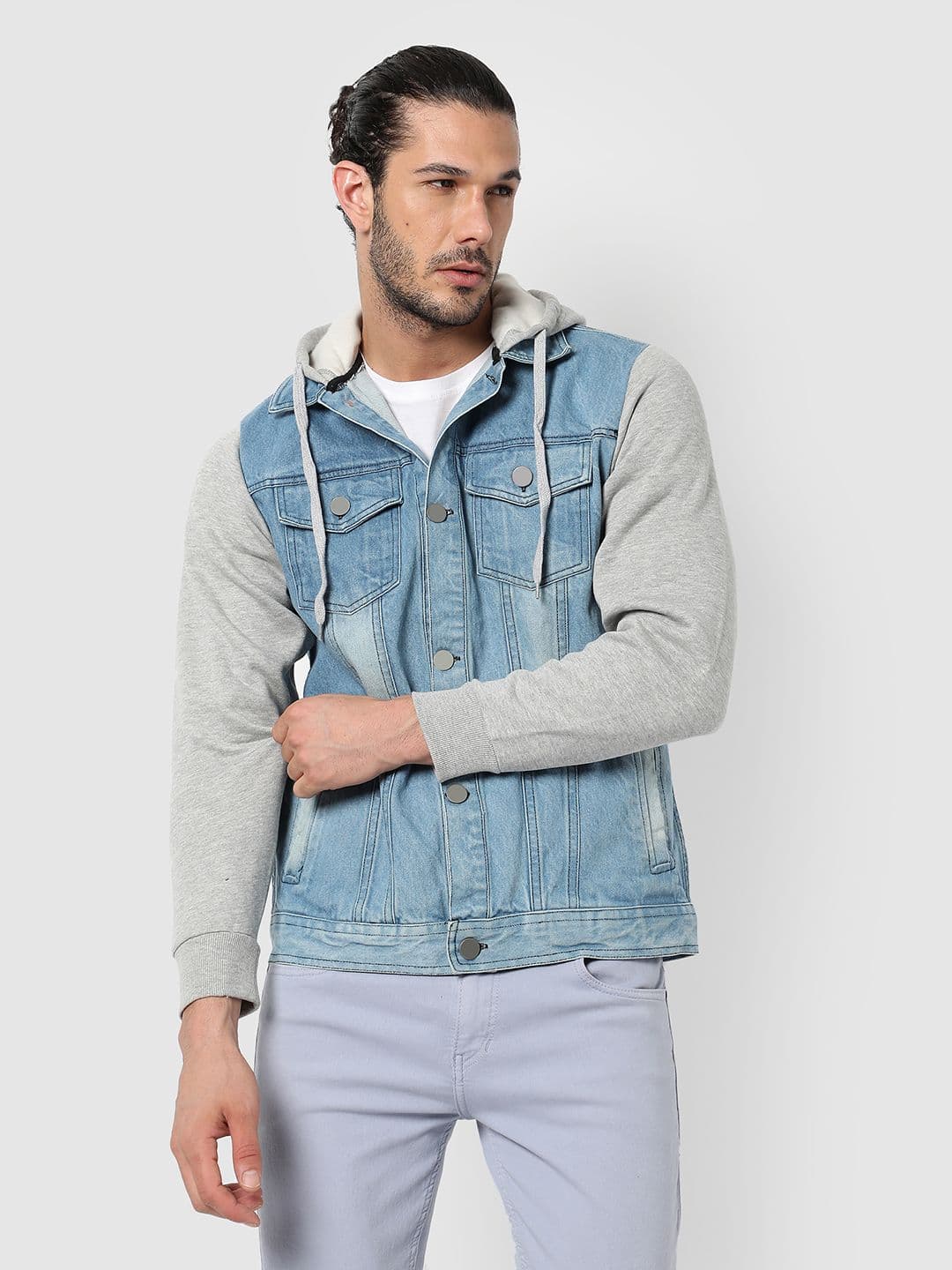 CAHOOT Men Blue Grey Washed Colourblocked Windcheater Outdoor Denim Jacket - view 1