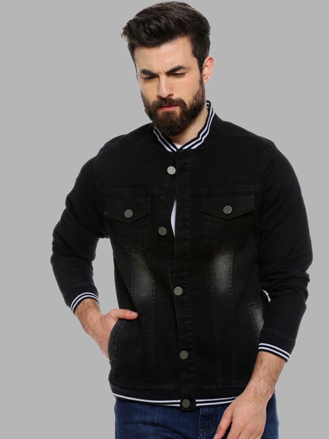 CAHOOT Men Black Geometric Windcheater Outdoor Cotton Denim Jacket - view 1