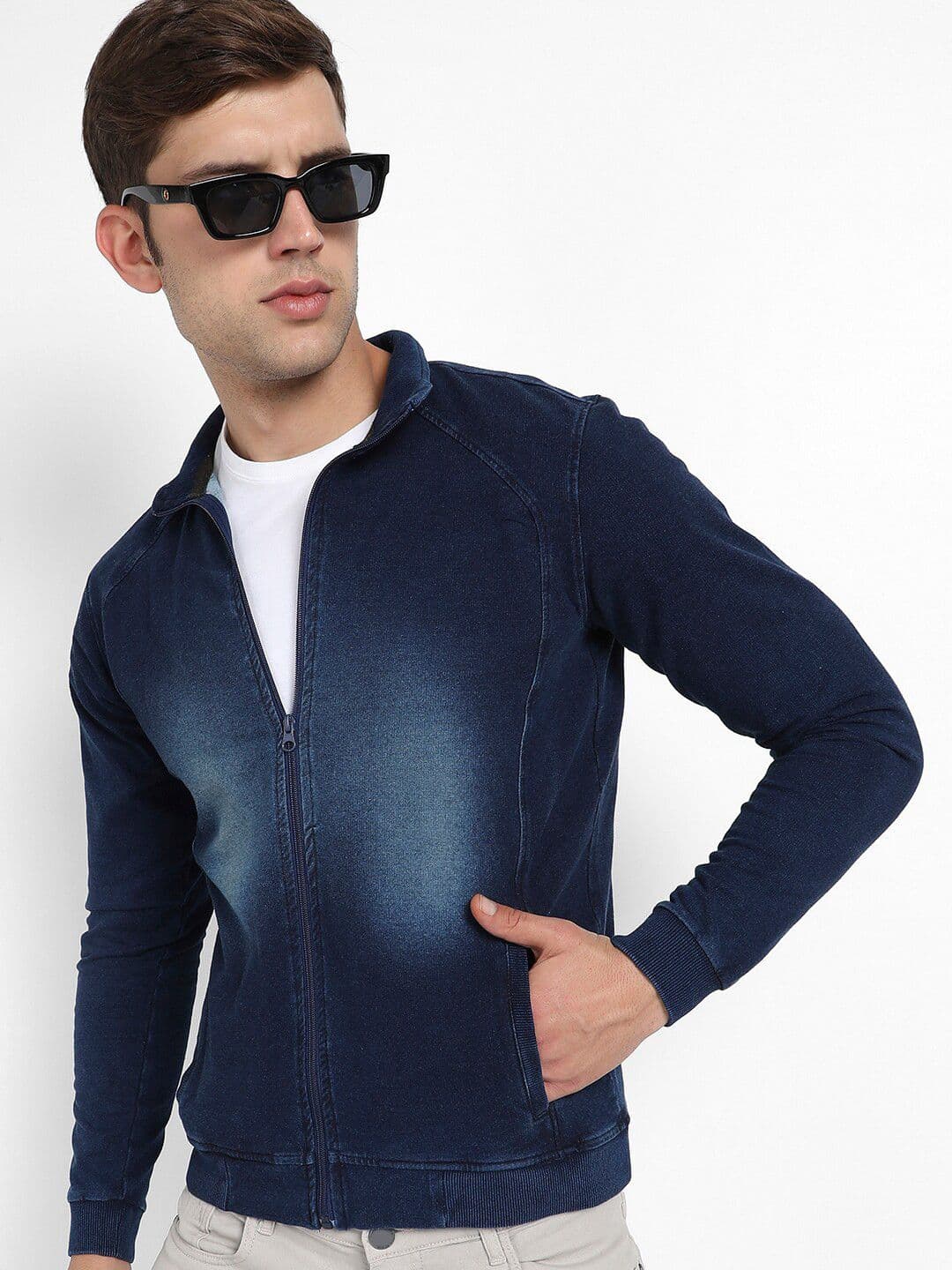 CAHOOT Navy Blue Windcheater Washed Mock Collar Cotton Bomber Jacket - view 1