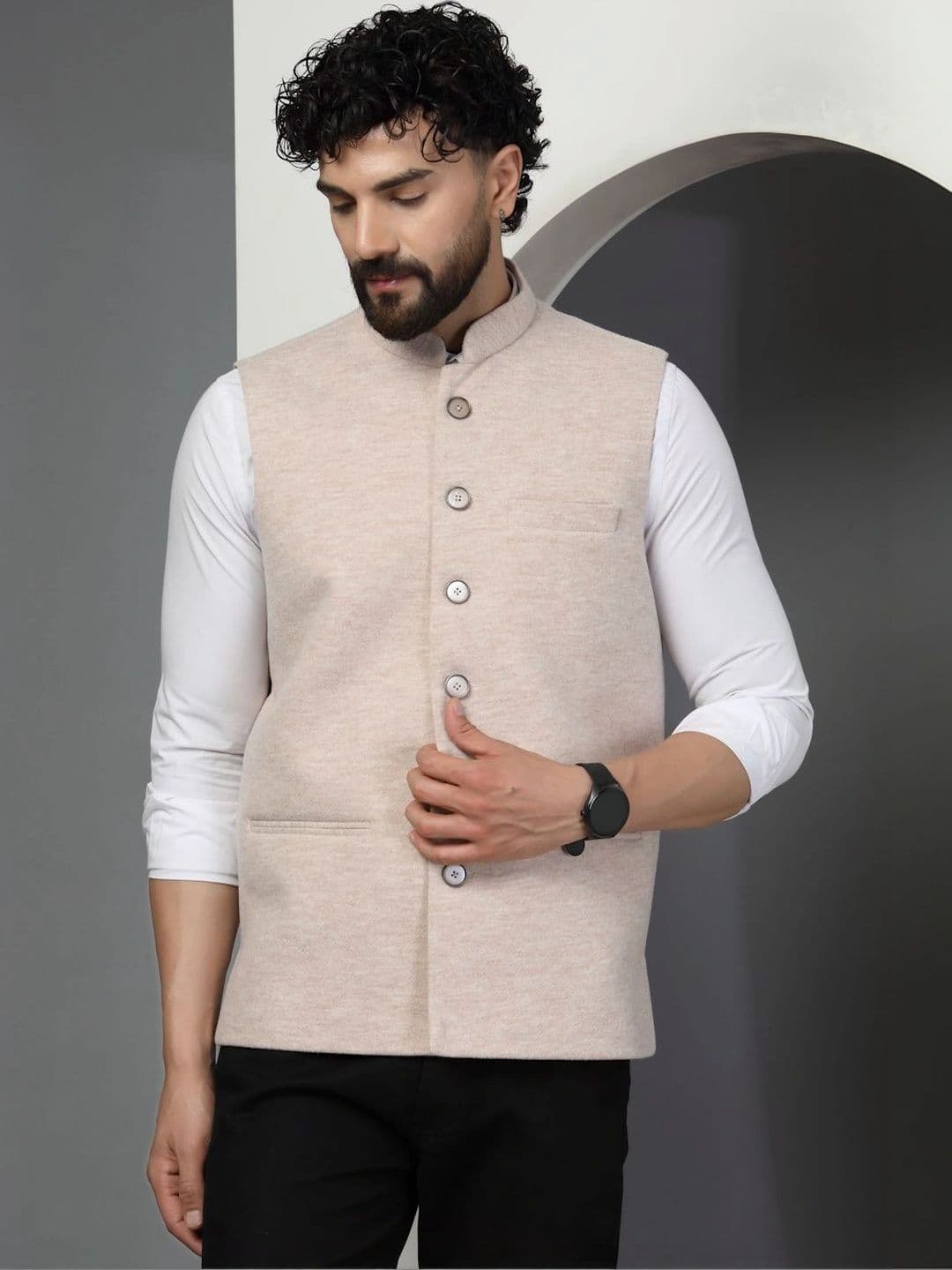 Vastraa Fusion Mandarin Collar Woven Nehru Jackets - view 1