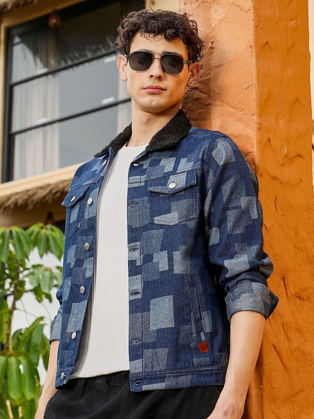 CAHOOT Men Spread Collar Geometric Printed Lightweight Cotton Denim Jacket - view 1