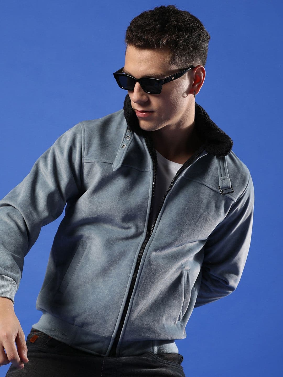 CAHOOT Campus Sutra Stand Collar Long Sleeve Zip Detail Windcheater Suede Bomber Jacket - view 1