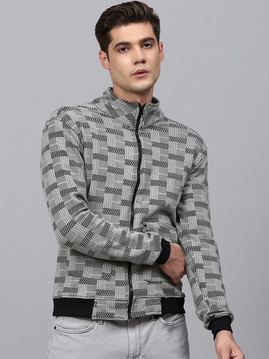 CAHOOT Men Grey Geometric Checked Windcheater Bomber Jacket - view 1