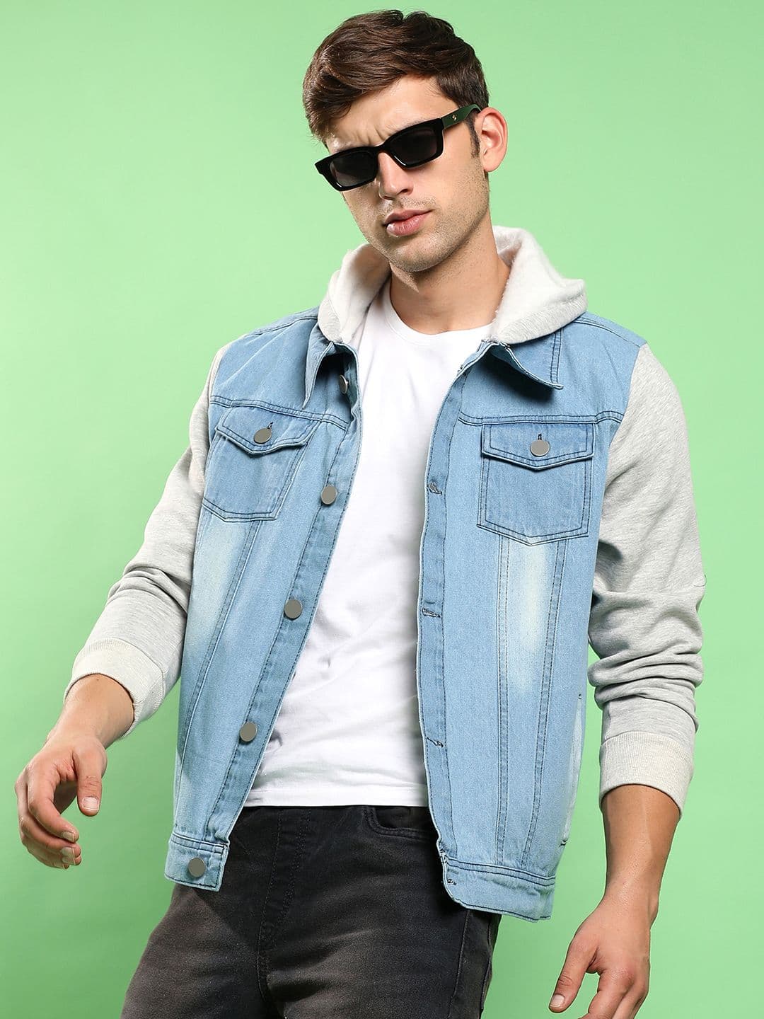 CAHOOT Campus Sutra Washed Colourblocked Hooded Windcheater Cotton Denim Jacket - view 1