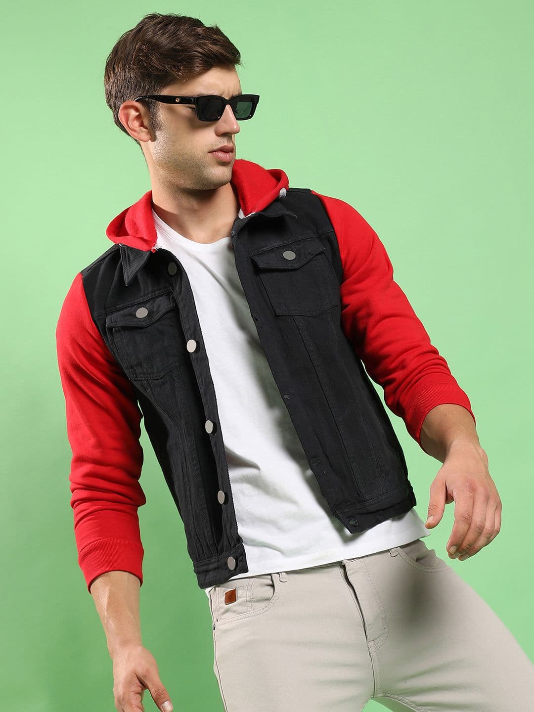 CAHOOT Campus Sutra Red & black Hooded Windcheater Cotton Denim Jacket - view 1