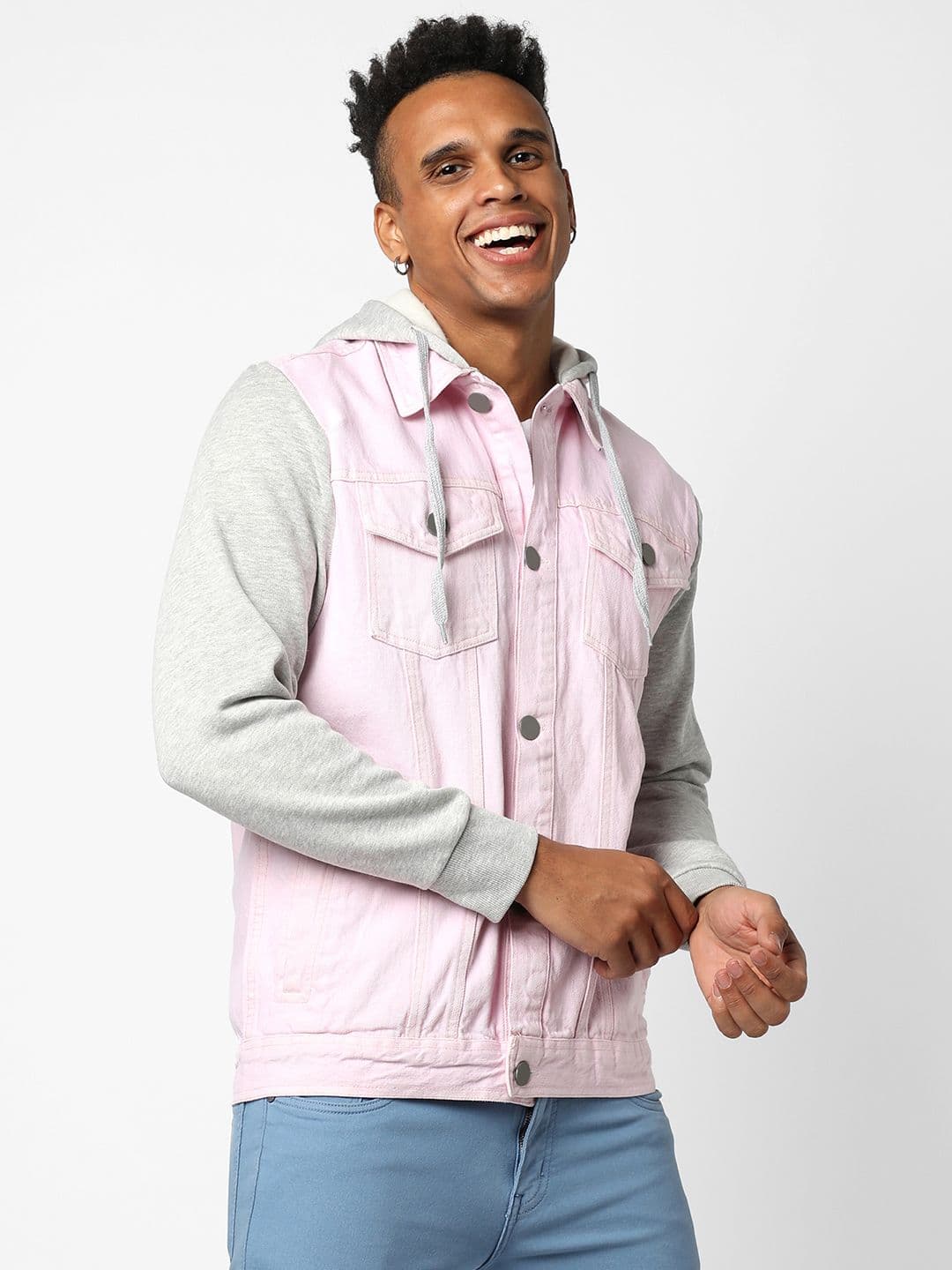 CAHOOT Men Pink Striped Windcheater Denim Jacket - view 1