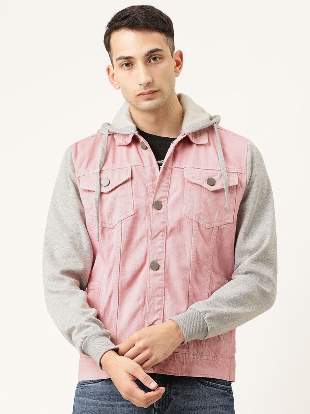 CAHOOT Men Pink Solid Denim Jacket With Contrast Sleeves - view 1