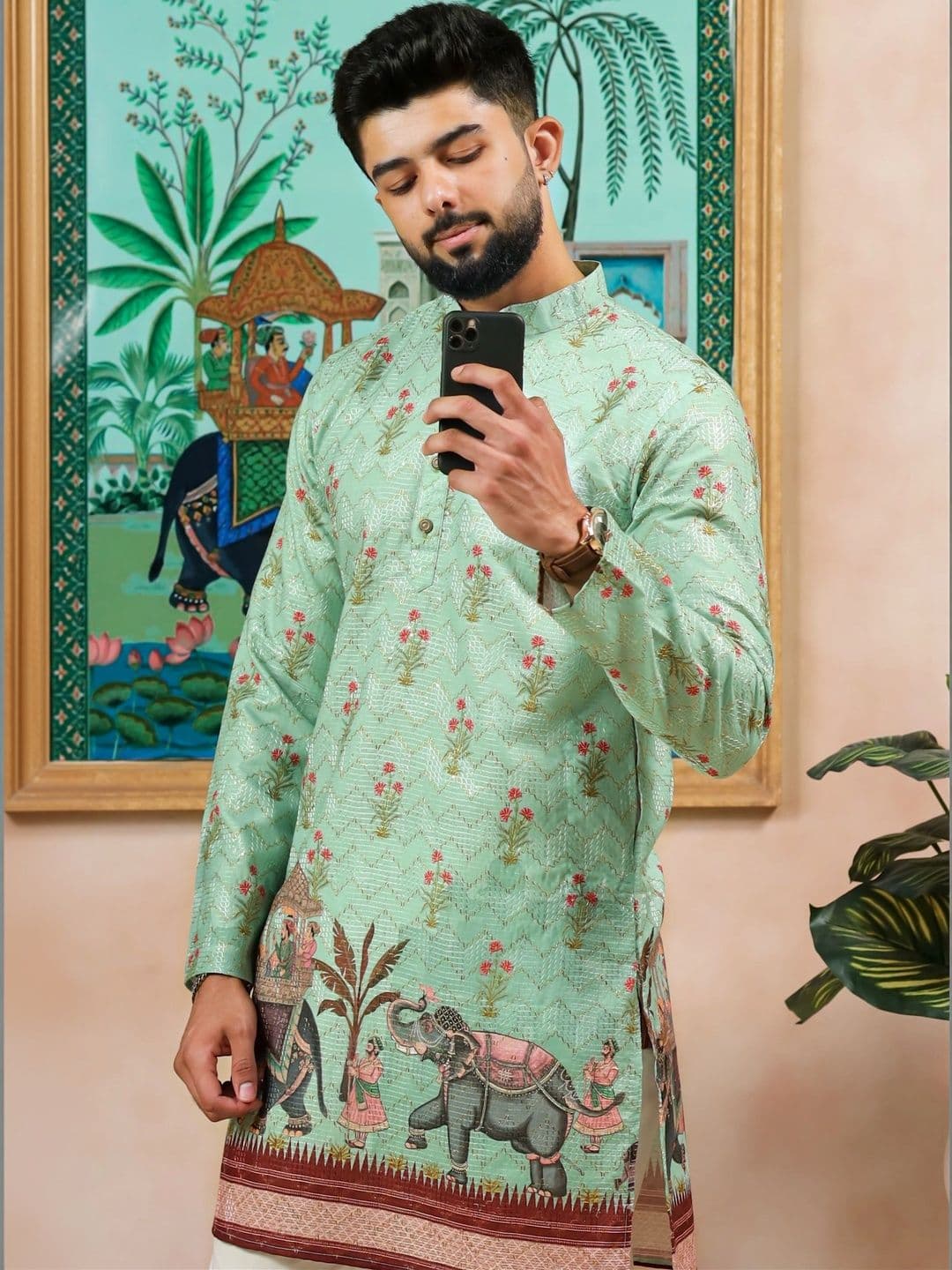 Koshin Men Floral Printed Festive Cotton Straight Kurta - view 1