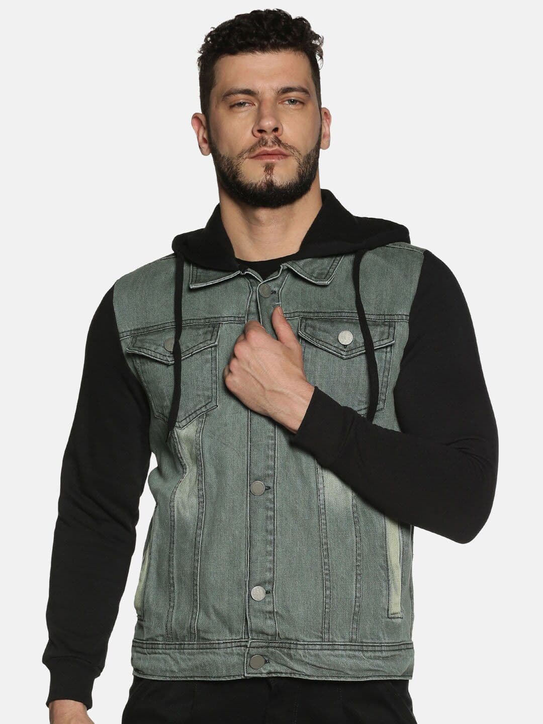 CAHOOT Men Grey Colourblocked Hooded Denim Jacket - view 1