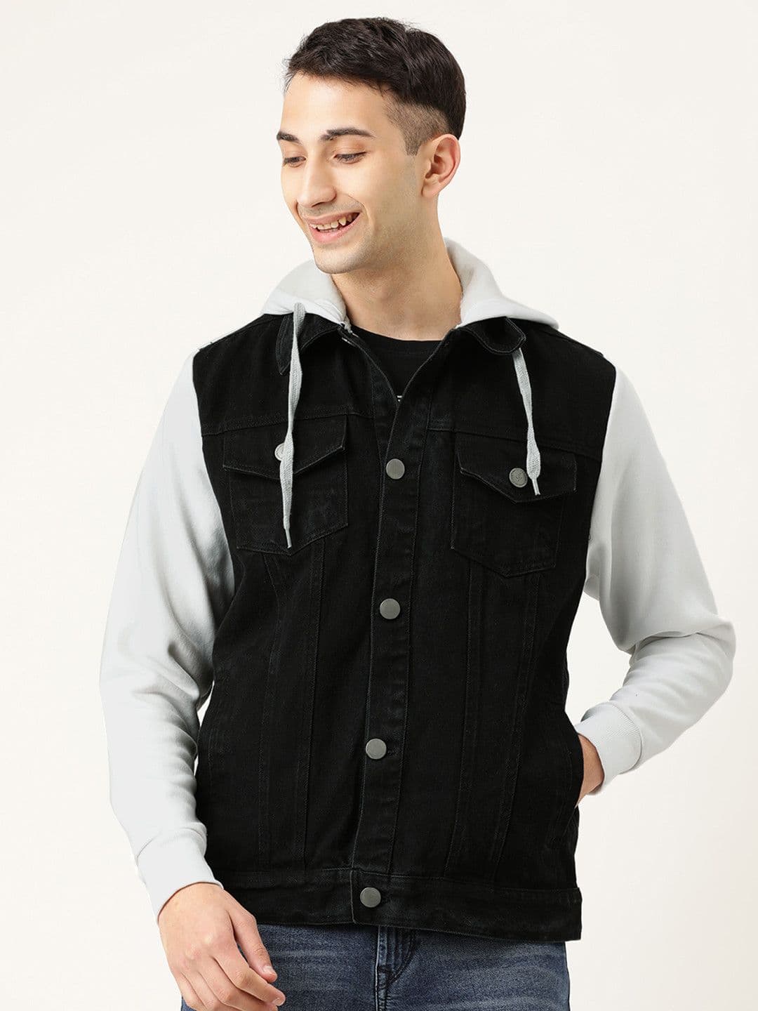 CAHOOT Men Black Solid Denim Jacket With Contrast Sleeves - view 1