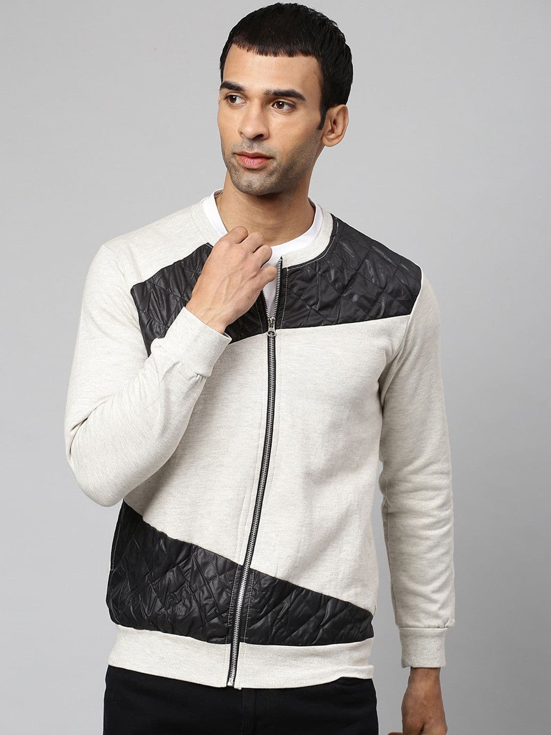 CAHOOT Men Cream-Coloured Black Colourblocked Windcheater Bomber Jacket - view 1