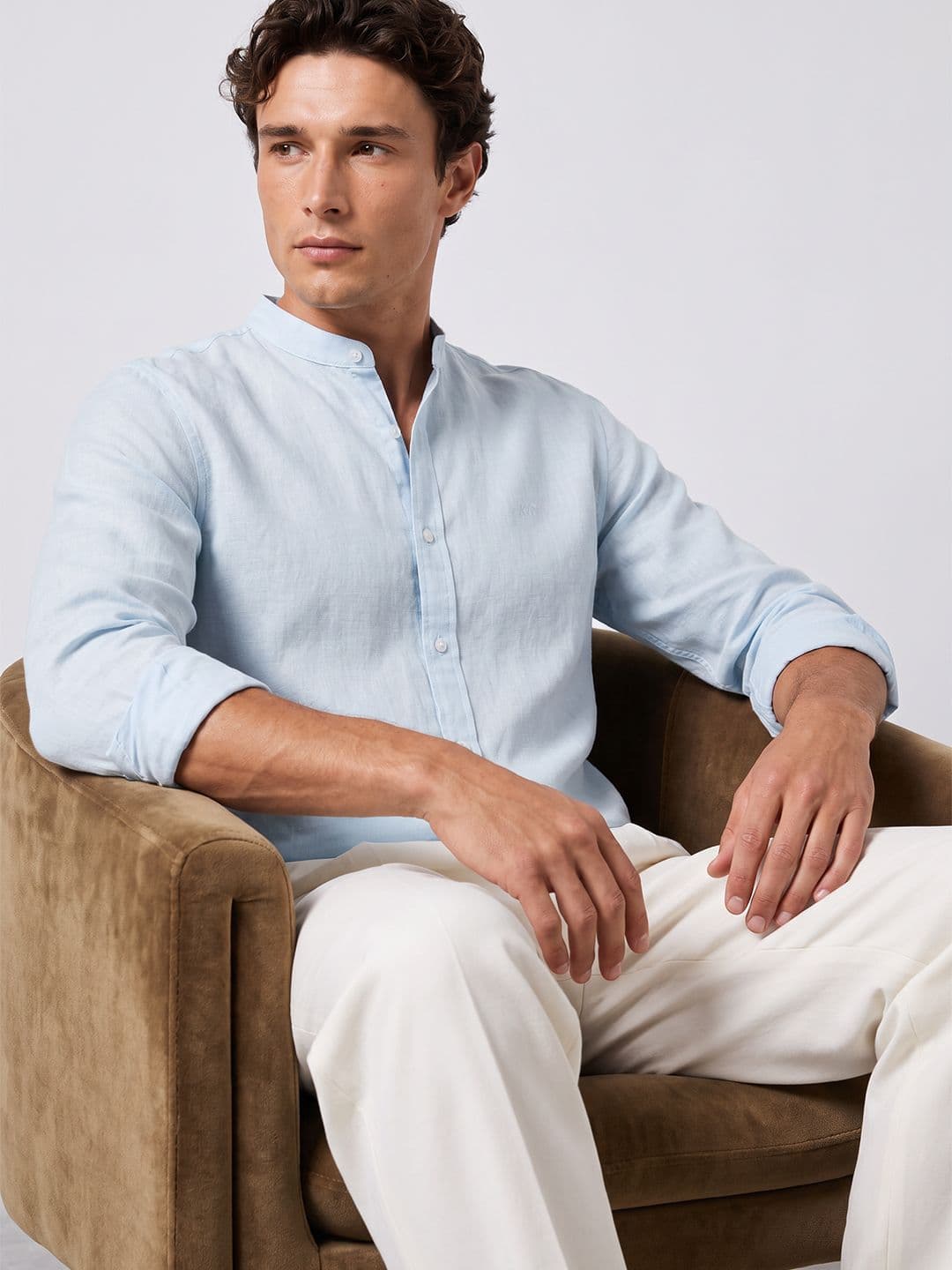 Kenneth Cole Band Collar Cotton Linen Casual Shirt - view 1