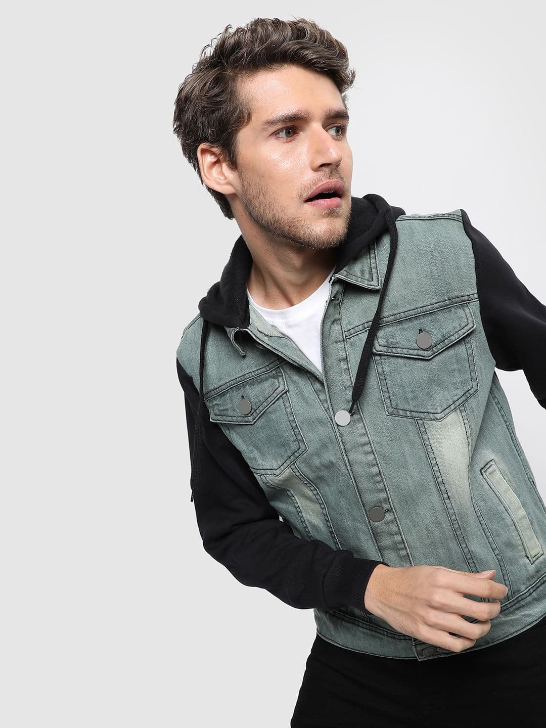 CAHOOT Men Grey & Black Colourblocked Windcheater Denim Jacket - view 1