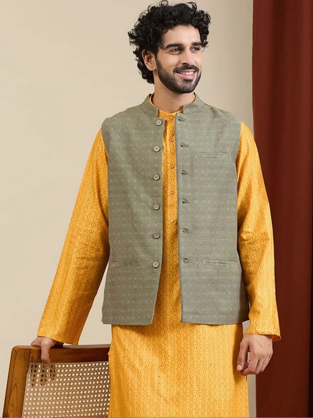 Fabindia Woven Design Cotton Nehru Jackets - view 1
